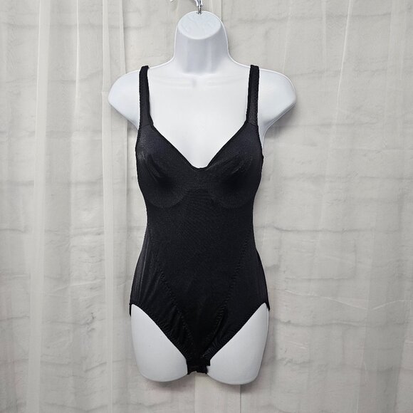 Vintage Olga Black Body Suit Basic Satin Size 36D Irregular - Picture 1 of 10